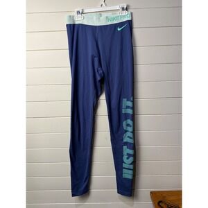 Nike Pro Women Dark Blue Turquoise Logo Dri Fit Athletic Leggings Size Medium‎